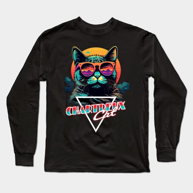 Retro Wave Chartreux Cat Miami Shirt Long Sleeve T-Shirt by Miami Neon Designs